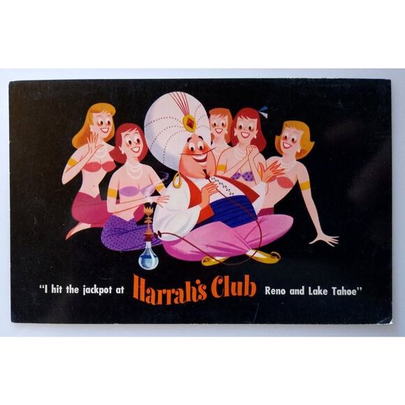 Harrahs Club Casino Postcard Aladdin Genie Jackpot Reno Lake Tahoe Nevada Black - Picture 1 of 2